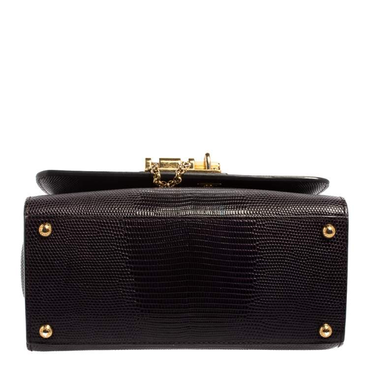Pre Owned Dolce & Gabbana Dark Purple Lizard Embossed Leather Small Miss Monica Top Handle Bag