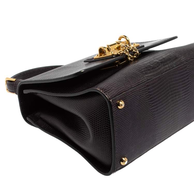 Pre Owned Dolce & Gabbana Dark Purple Lizard Embossed Leather Small Miss Monica Top Handle Bag