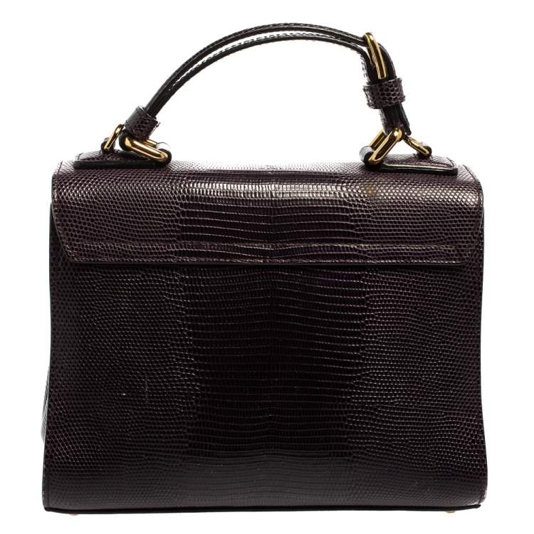 Pre Owned Dolce & Gabbana Dark Purple Lizard Embossed Leather Small Miss Monica Top Handle Bag