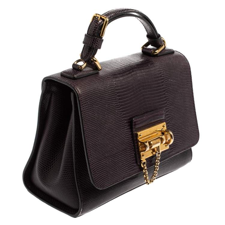 Pre Owned Dolce & Gabbana Dark Purple Lizard Embossed Leather Small Miss Monica Top Handle Bag