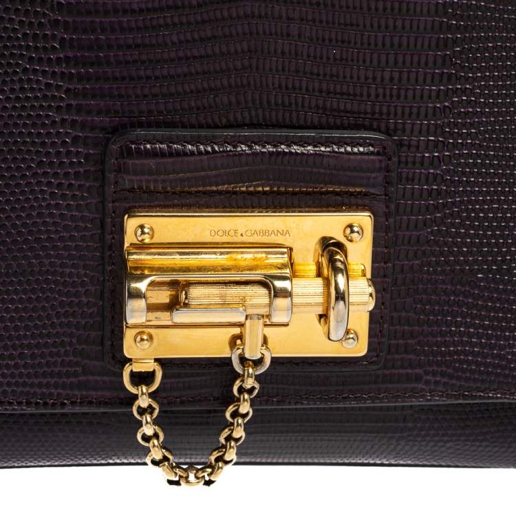 Pre Owned Dolce & Gabbana Dark Purple Lizard Embossed Leather Small Miss Monica Top Handle Bag