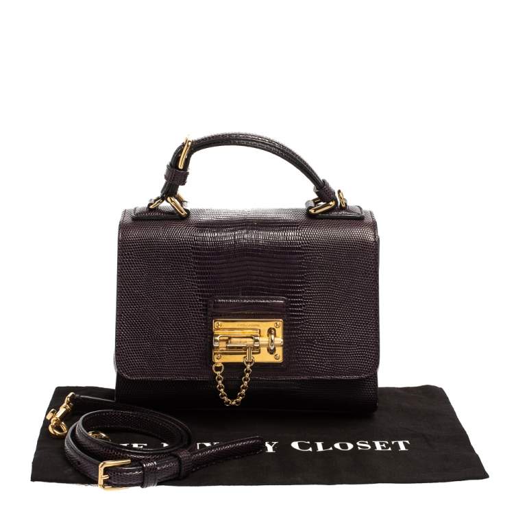 Pre Owned Dolce & Gabbana Dark Purple Lizard Embossed Leather Small Miss Monica Top Handle Bag