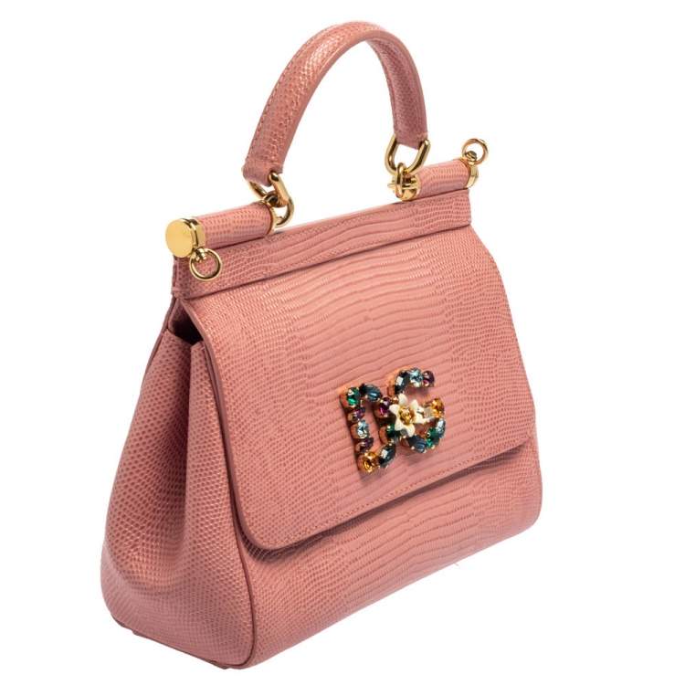 Pre Owned Dolce & Gabbana Pink Lizard Embossed Leather Small Miss Sicily Top Handle Bag