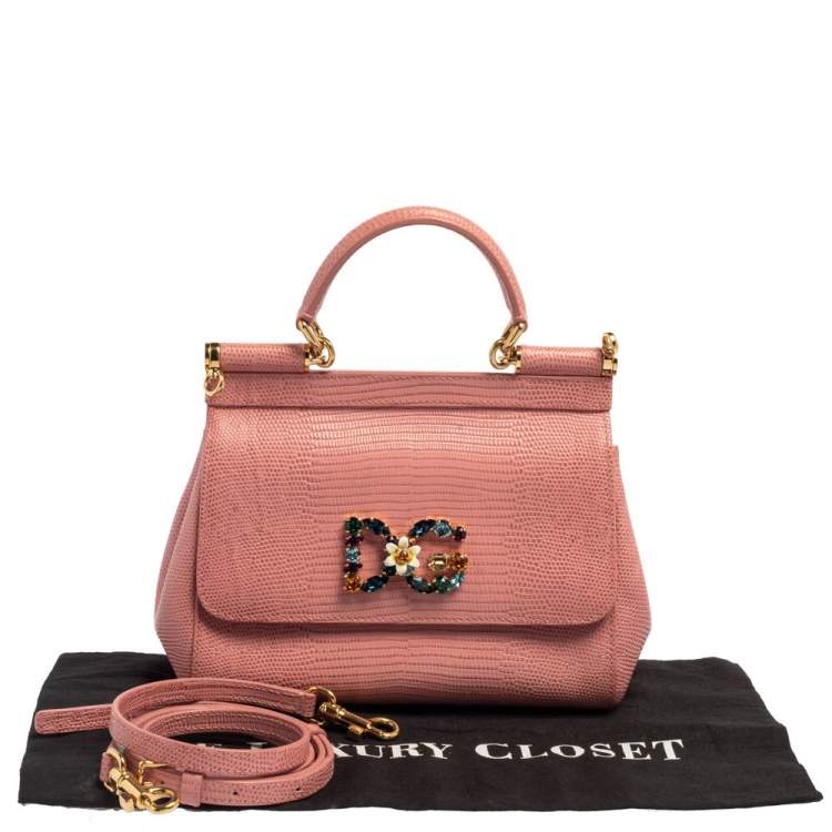 Pre Owned Dolce & Gabbana Pink Lizard Embossed Leather Small Miss Sicily Top Handle Bag