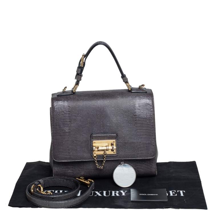 Pre Owned Dolce & Gabbana Grey Lizard Embossed Leather Medium Miss Monica Top Handle Bag