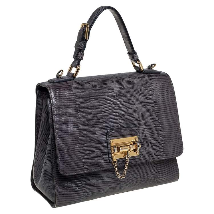 Pre Owned Dolce & Gabbana Grey Lizard Embossed Leather Medium Miss Monica Top Handle Bag