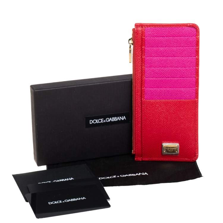 Pre Owned Dolce & Gabbana Red/Pink Leather Zip Card Holder