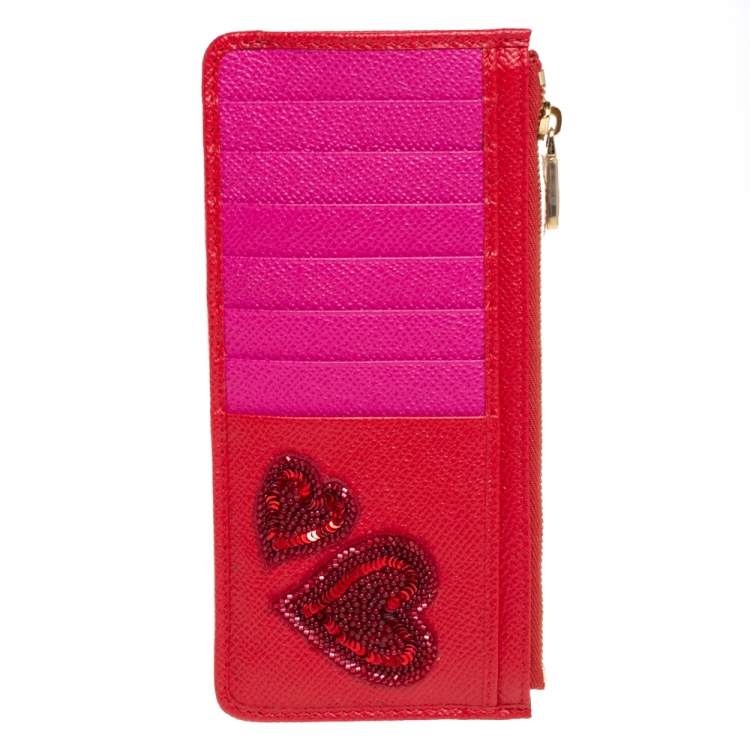Pre Owned Dolce & Gabbana Red/Pink Leather Zip Card Holder