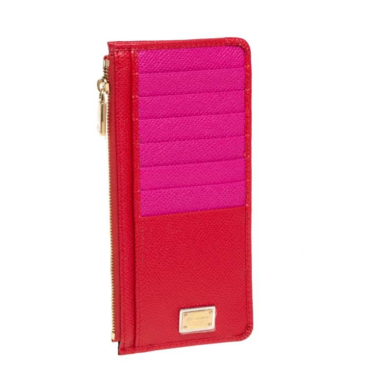 Pre Owned Dolce & Gabbana Red/Pink Leather Zip Card Holder