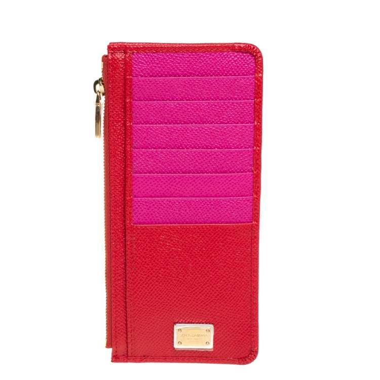 Pre Owned Dolce & Gabbana Red/Pink Leather Zip Card Holder