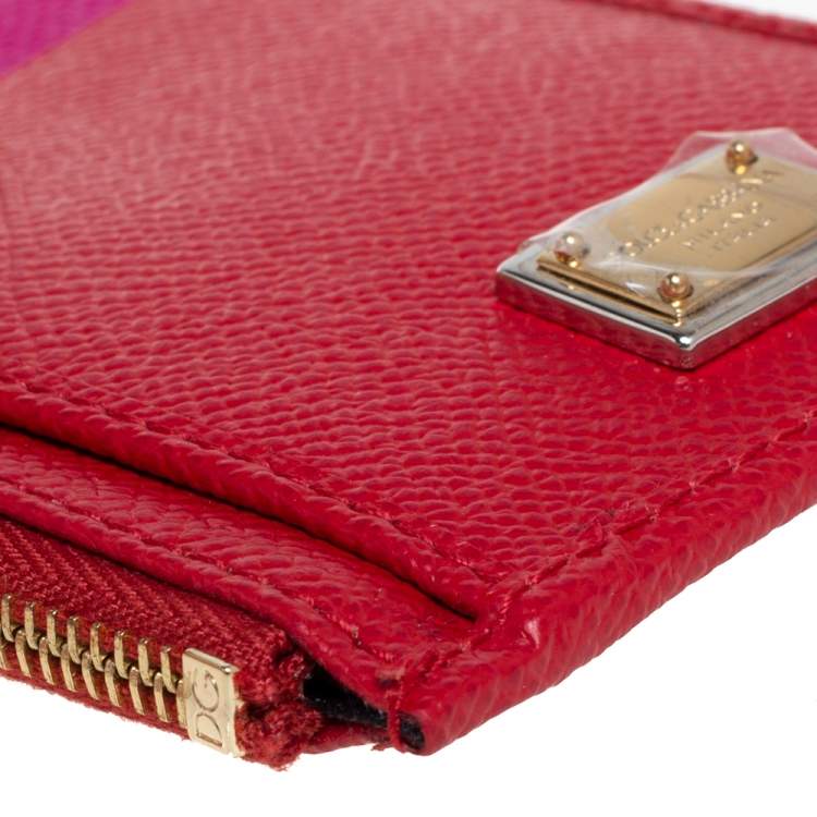 Pre Owned Dolce & Gabbana Red/Pink Leather Zip Card Holder