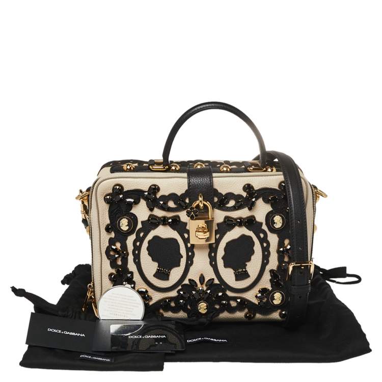 Pre Owned Dolce & Gabbana Beige Leather Embellished Large Rosaria Box Top Handle Bag