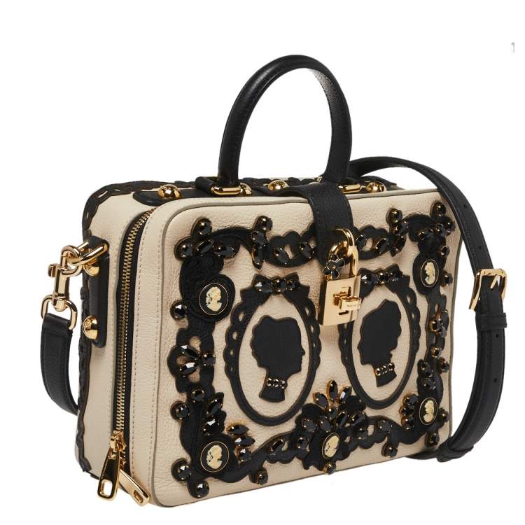 Pre Owned Dolce & Gabbana Beige Leather Embellished Large Rosaria Box Top Handle Bag