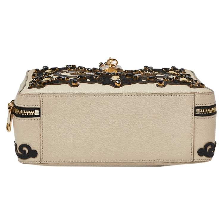 Pre Owned Dolce & Gabbana Beige Leather Embellished Large Rosaria Box Top Handle Bag