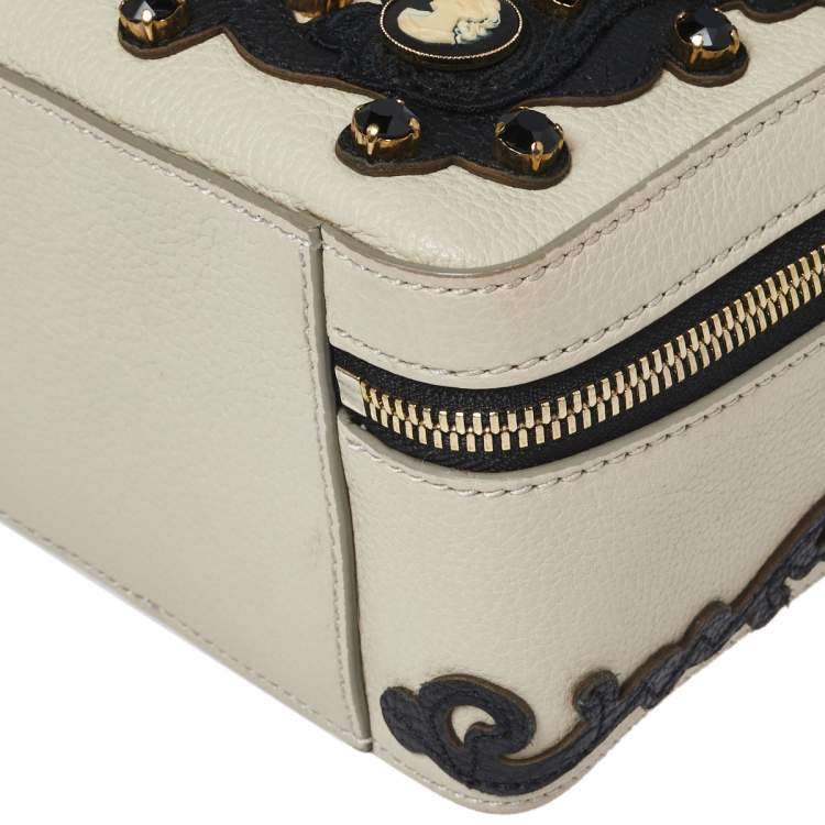 Pre Owned Dolce & Gabbana Beige Leather Embellished Large Rosaria Box Top Handle Bag