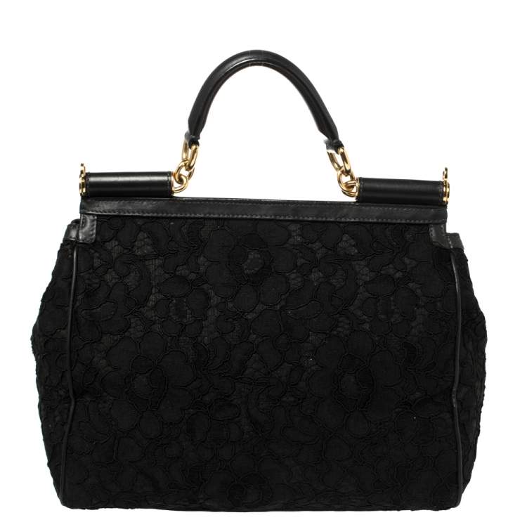 Pre Owned Dolce & Gabbana Black Lace Large Miss Sicily Top Handle Bag