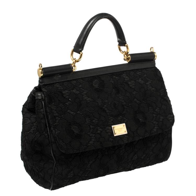 Pre Owned Dolce & Gabbana Black Lace Large Miss Sicily Top Handle Bag