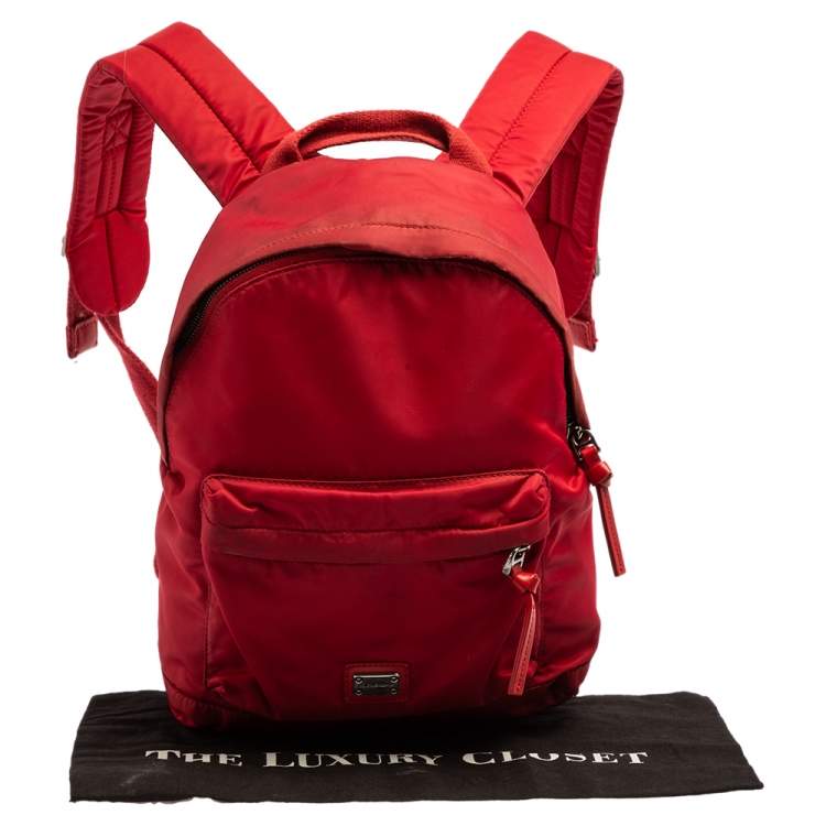 Pre Owned Dolce & Gabbana Red Nylon Logo Plaque Small Backpack