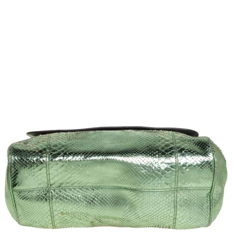 Pre Owned Dolce & Gabbana Metallic Green Python Large Miss Sicily Top Handle Bag