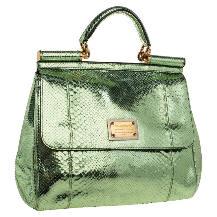 Pre Owned Dolce & Gabbana Metallic Green Python Large Miss Sicily Top Handle Bag