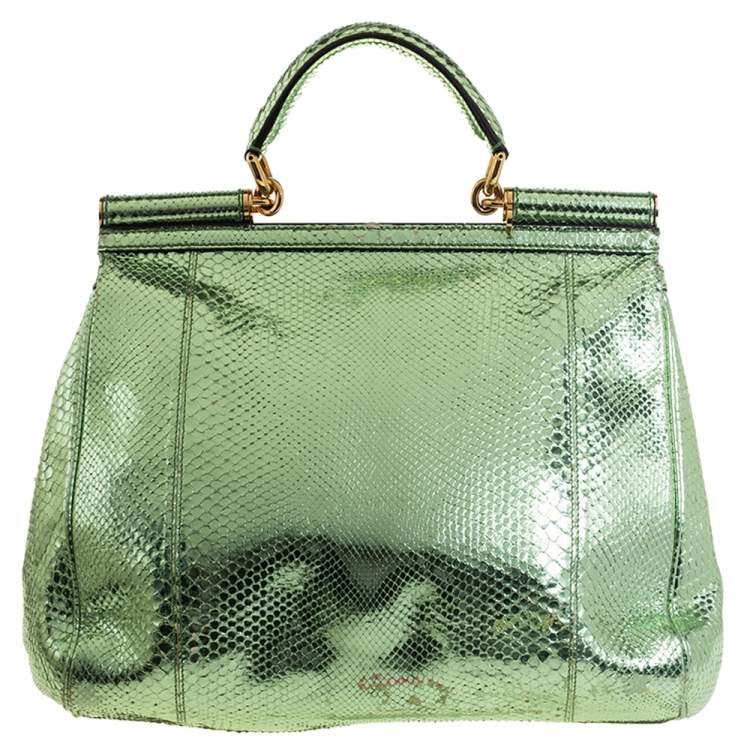 Pre Owned Dolce & Gabbana Metallic Green Python Large Miss Sicily Top Handle Bag
