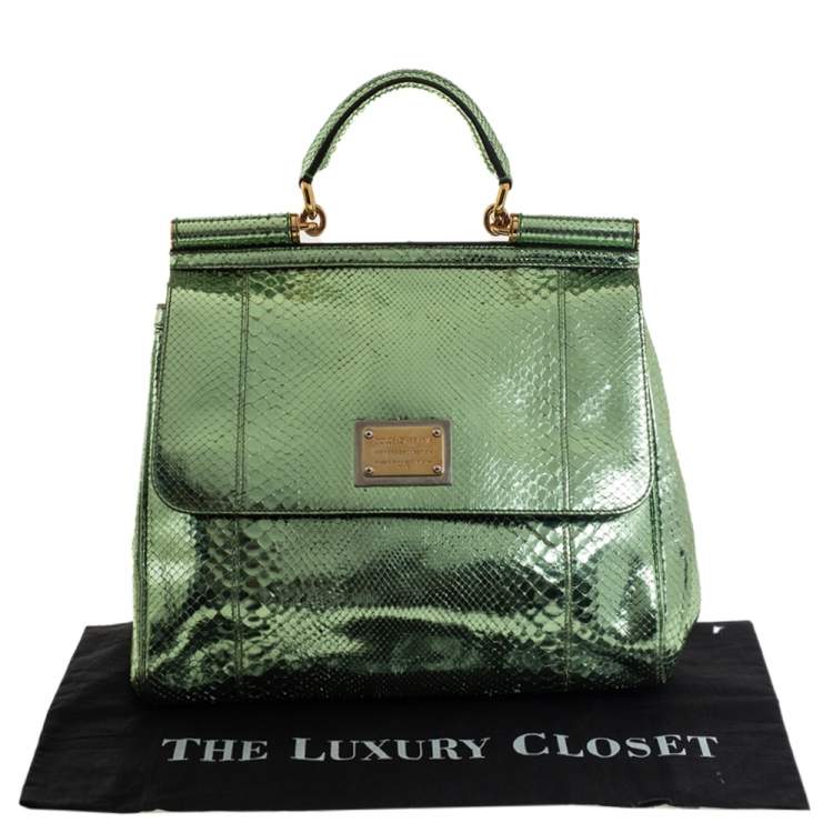Pre Owned Dolce & Gabbana Metallic Green Python Large Miss Sicily Top Handle Bag