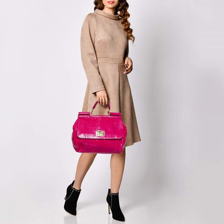 Pre Owned Dolce & Gabbana Pink Python Large Miss Sicily Top Handle Bag