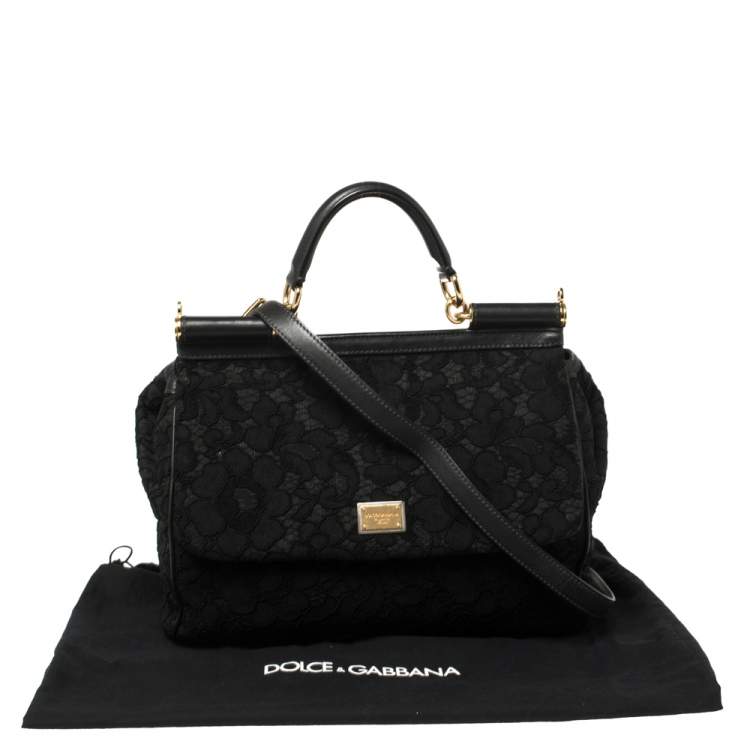 Pre Owned Dolce & Gabbana Black Lace and Leather Miss Sicily Top Handle Bag