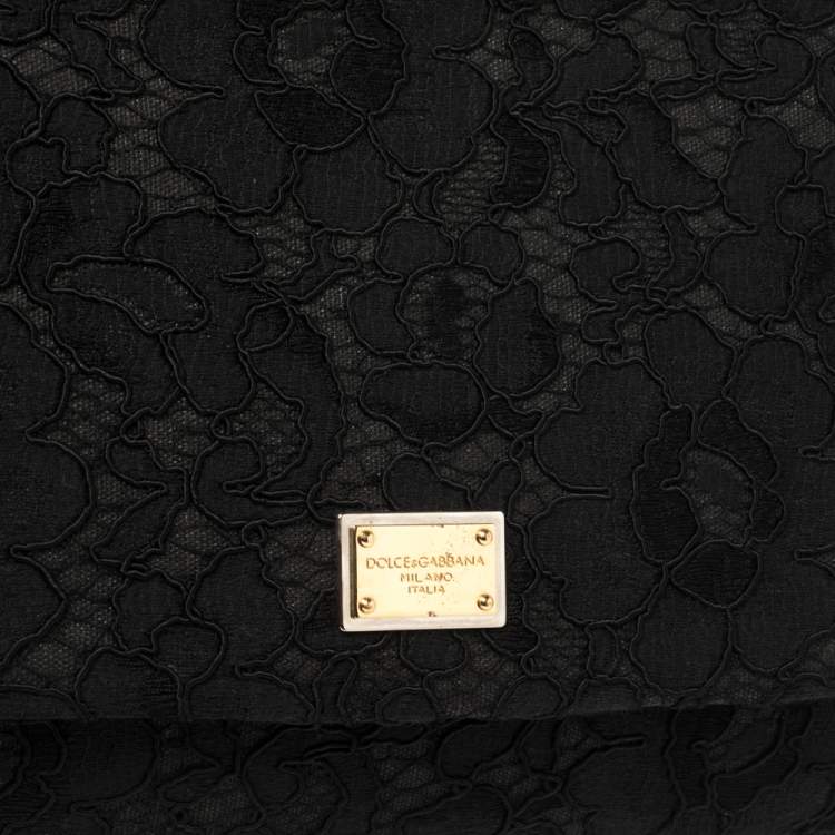 Pre Owned Dolce & Gabbana Black Lace and Leather Miss Sicily Top Handle Bag