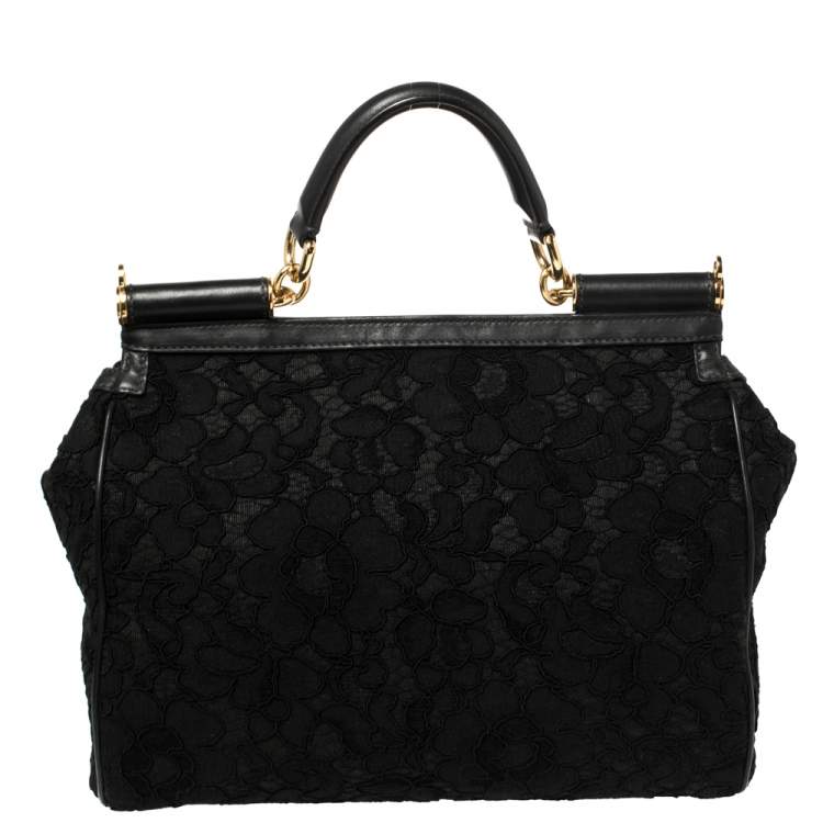 Pre Owned Dolce & Gabbana Black Lace and Leather Miss Sicily Top Handle Bag