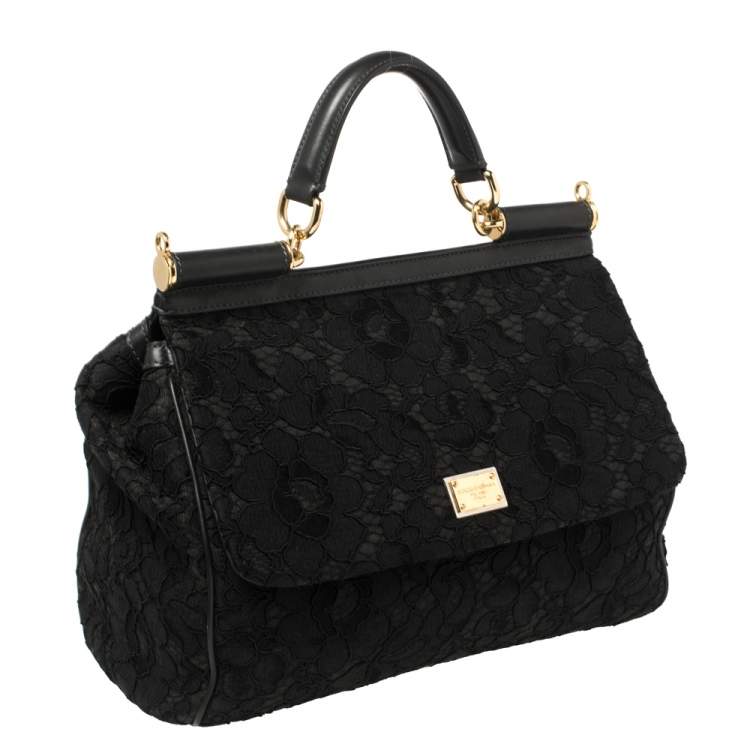 Pre Owned Dolce & Gabbana Black Lace and Leather Miss Sicily Top Handle Bag