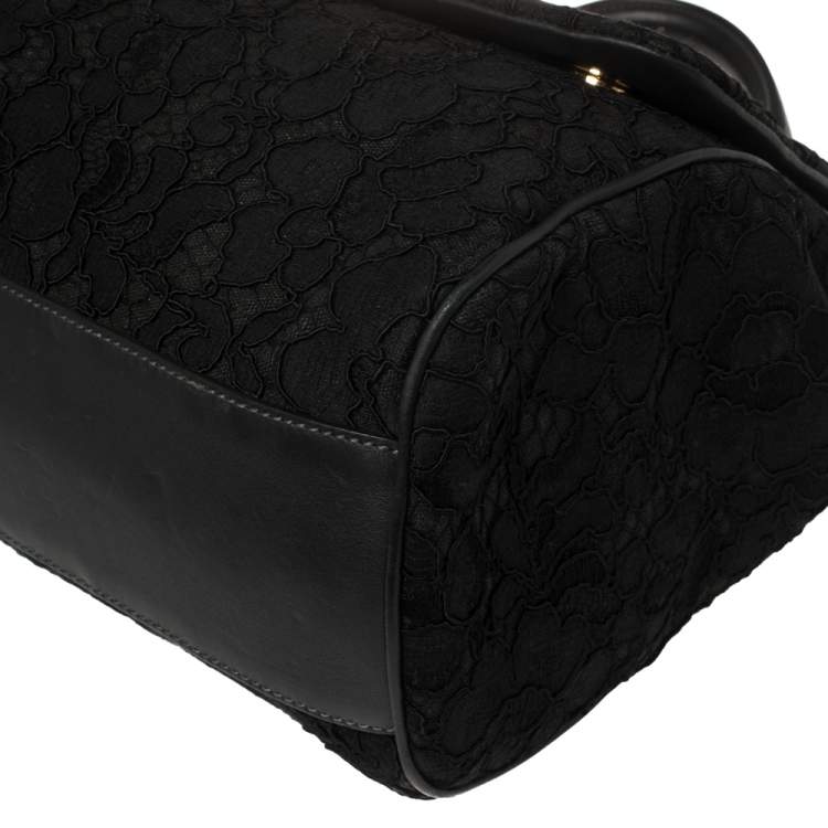 Pre Owned Dolce & Gabbana Black Lace and Leather Miss Sicily Top Handle Bag