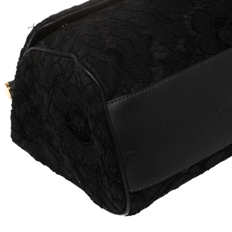Pre Owned Dolce & Gabbana Black Lace and Leather Miss Sicily Top Handle Bag