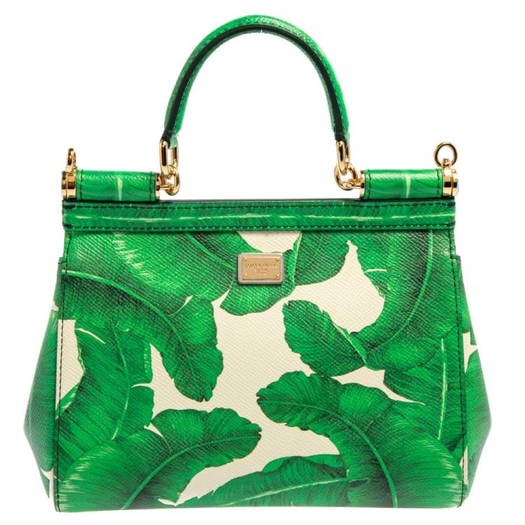 Pre Owned Dolce & Gabbana Banana Leaf Print Leather Small Miss Sicily Top Handle Bag