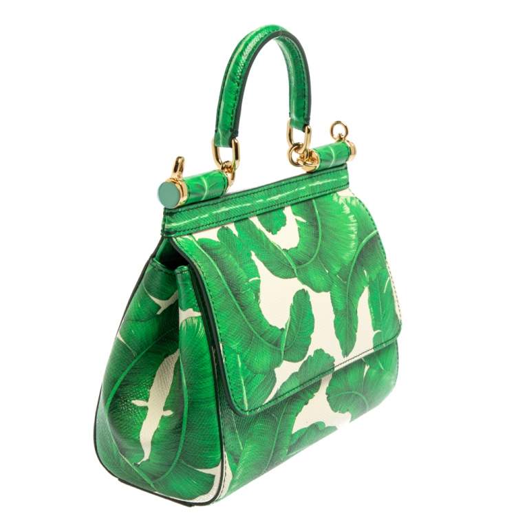 Pre Owned Dolce & Gabbana Banana Leaf Print Leather Small Miss Sicily Top Handle Bag