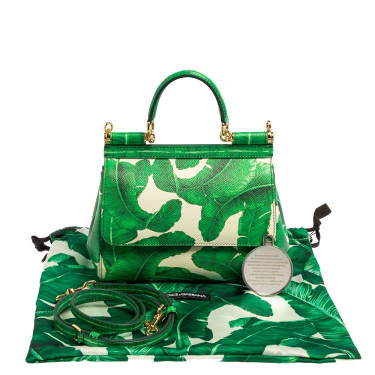 Pre Owned Dolce & Gabbana Banana Leaf Print Leather Small Miss Sicily Top Handle Bag