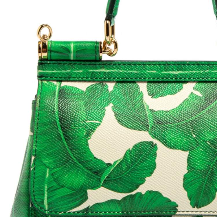 Pre Owned Dolce & Gabbana Banana Leaf Print Leather Small Miss Sicily Top Handle Bag