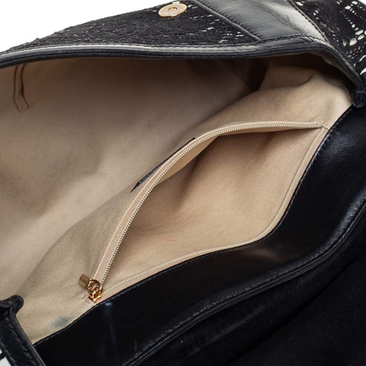 Pre Owned Dolce & Gabbana Black/White Lace and Leather Large Miss Sicily Top Handle Bag