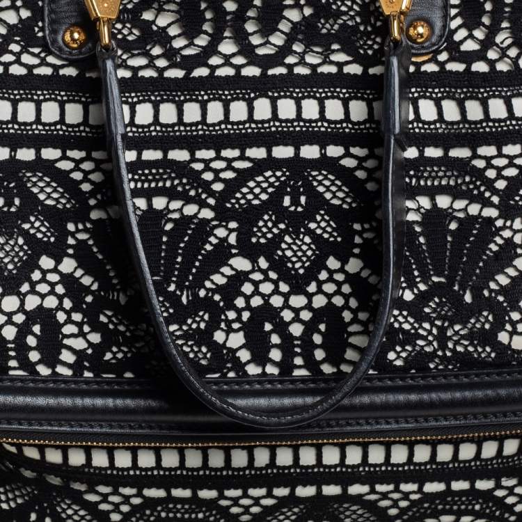 Pre Owned Dolce & Gabbana Black/White Lace and Leather Large Miss Sicily Top Handle Bag