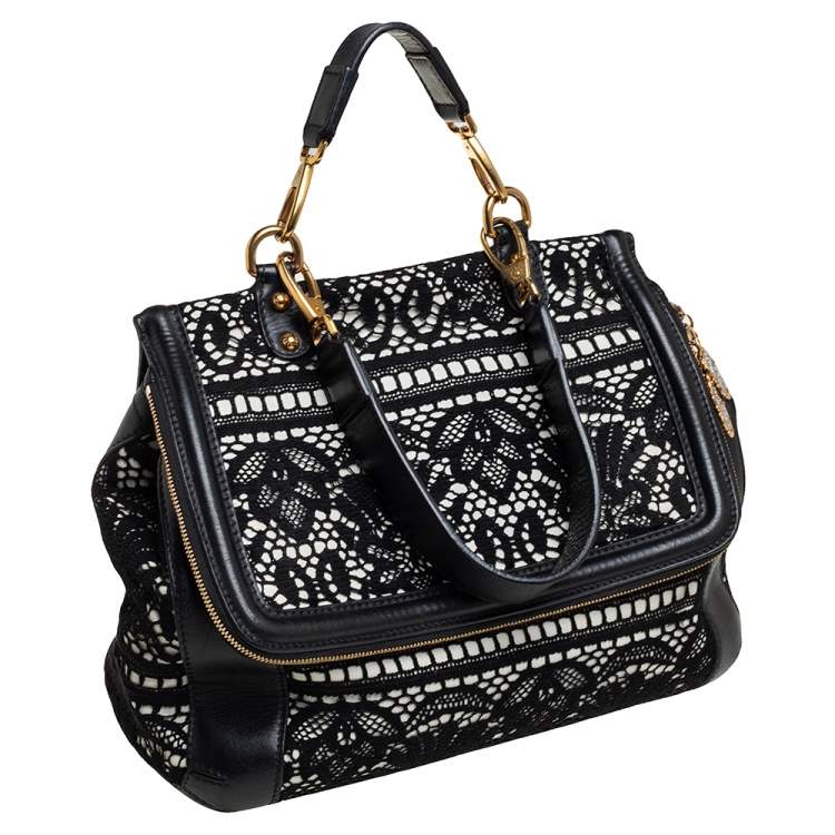 Pre Owned Dolce & Gabbana Black/White Lace and Leather Large Miss Sicily Top Handle Bag