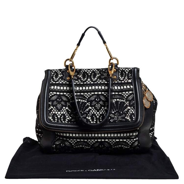 Pre Owned Dolce & Gabbana Black/White Lace and Leather Large Miss Sicily Top Handle Bag