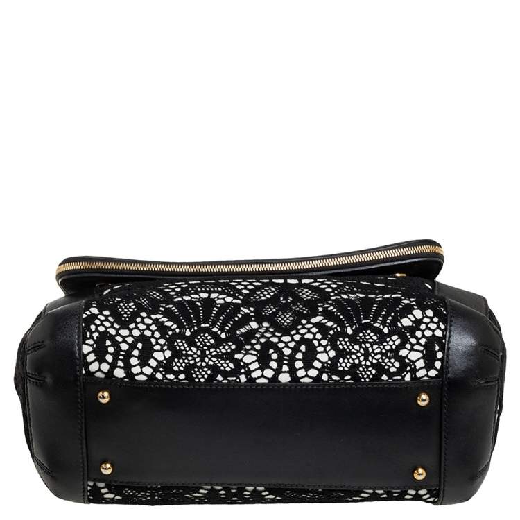 Pre Owned Dolce & Gabbana Black/White Lace and Leather Large Miss Sicily Top Handle Bag