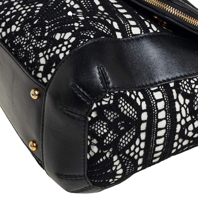 Pre Owned Dolce & Gabbana Black/White Lace and Leather Large Miss Sicily Top Handle Bag