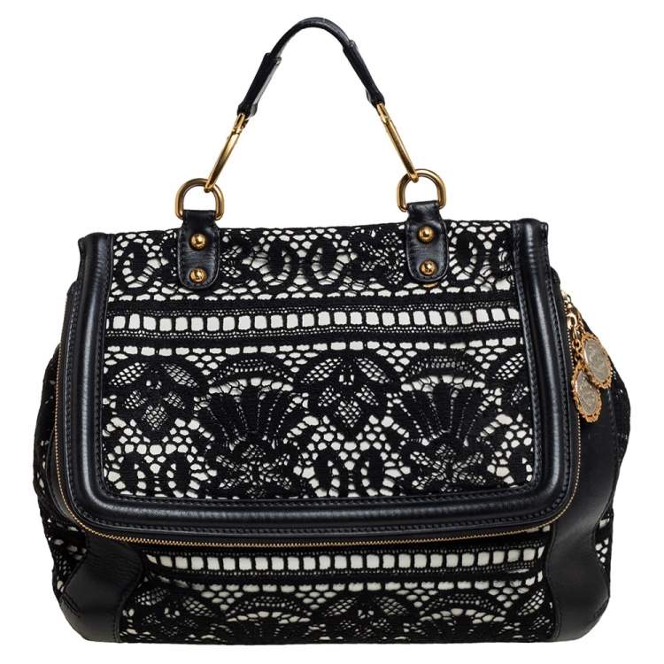 Pre Owned Dolce & Gabbana Black/White Lace and Leather Large Miss Sicily Top Handle Bag