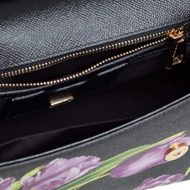 Pre Owned Dolce & Gabbana Black Tulip Print Leather Medium Miss Sicily Top Handle Bag