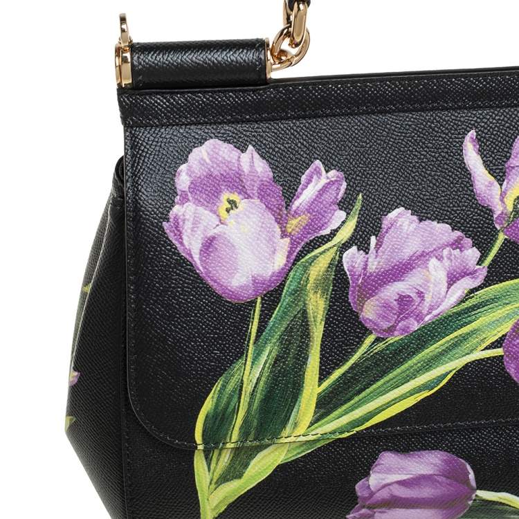 Pre Owned Dolce & Gabbana Black Tulip Print Leather Medium Miss Sicily Top Handle Bag