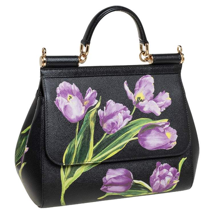 Pre Owned Dolce & Gabbana Black Tulip Print Leather Medium Miss Sicily Top Handle Bag