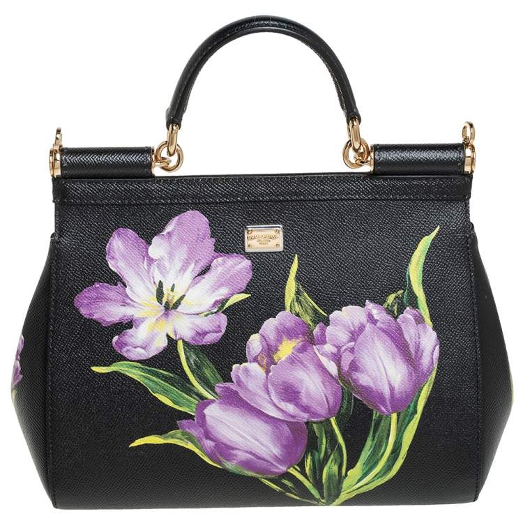 Pre Owned Dolce & Gabbana Black Tulip Print Leather Medium Miss Sicily Top Handle Bag