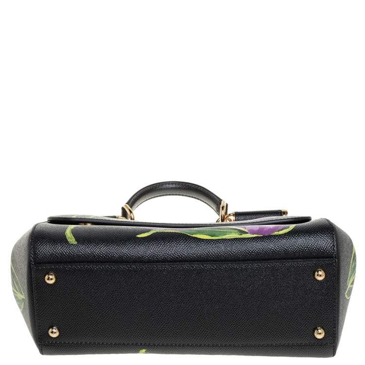 Pre Owned Dolce & Gabbana Black Tulip Print Leather Medium Miss Sicily Top Handle Bag