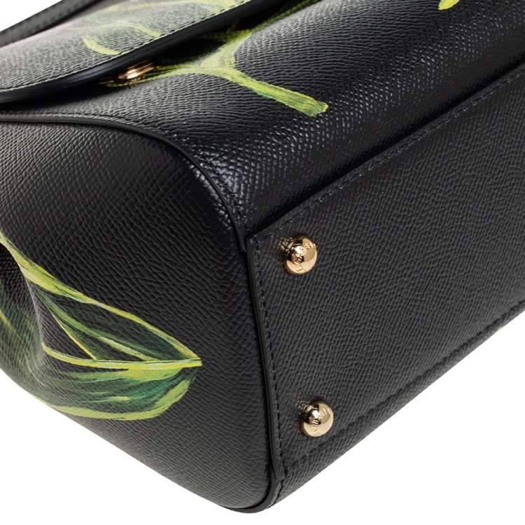 Pre Owned Dolce & Gabbana Black Tulip Print Leather Medium Miss Sicily Top Handle Bag